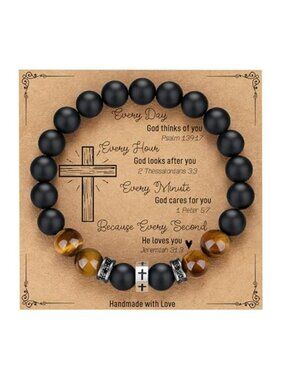 Mens Cross Bracelet Natural Stone Tiger Eye Onyx Stretch Beaded Faith Jewelry